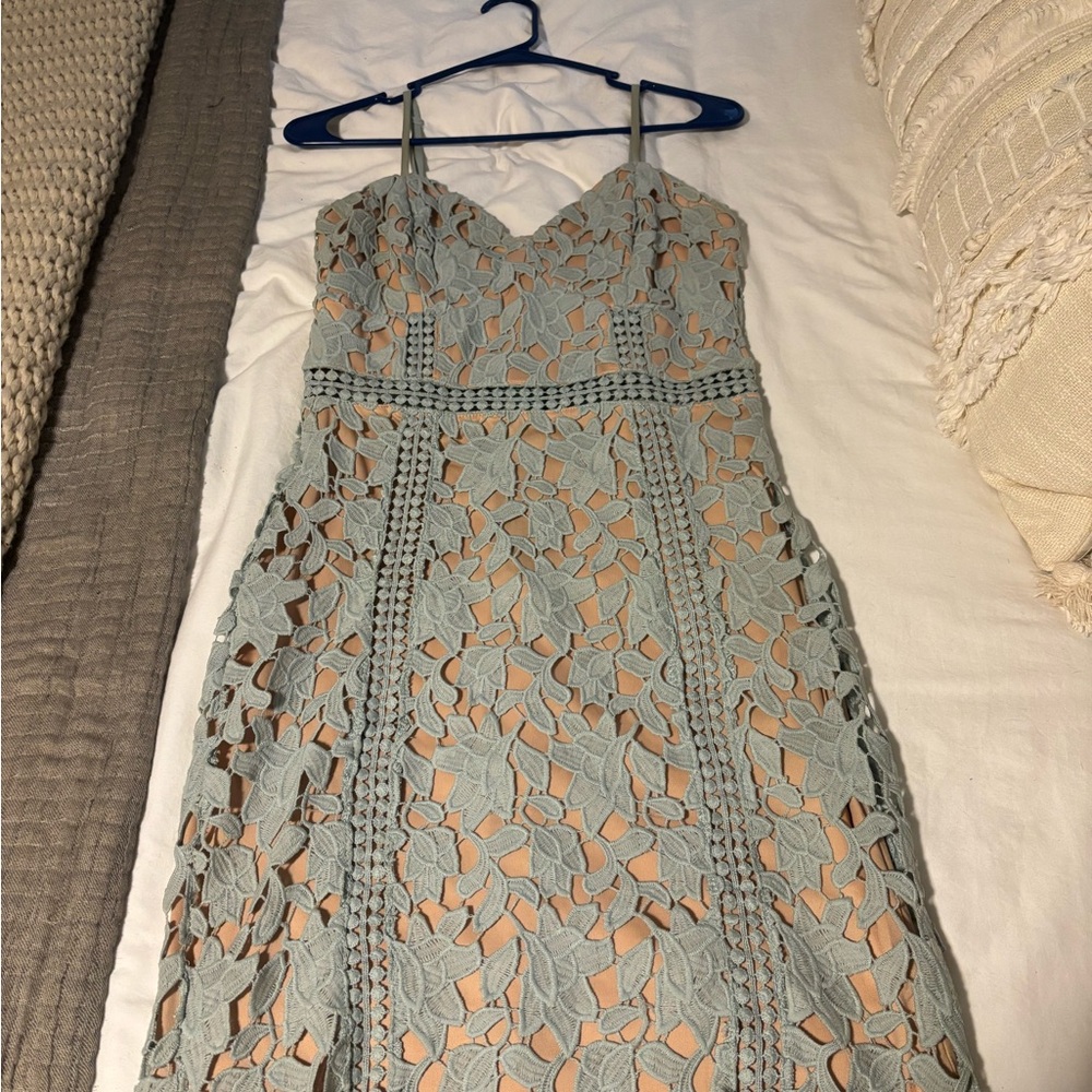 Teal Lace Midi Dress with Spaghetti Straps